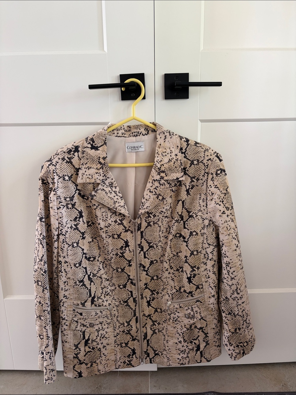 Conrad C Beige Snake-Print Leather Zip Jacket